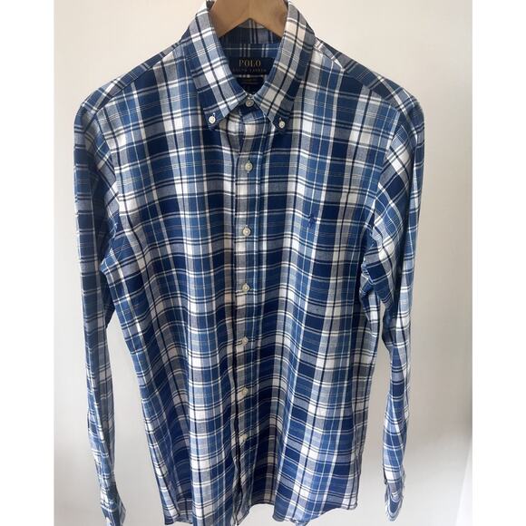 Polo Ralph Lauren Mens Performance Fit Blue Plaid Long Sleeve Shirt‎ Sz Small - Picture 1 of 8